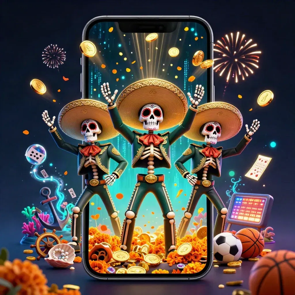 Skeleton mariachi trio amid vault blast, gold coins, coral, cards, and neon casino effects.