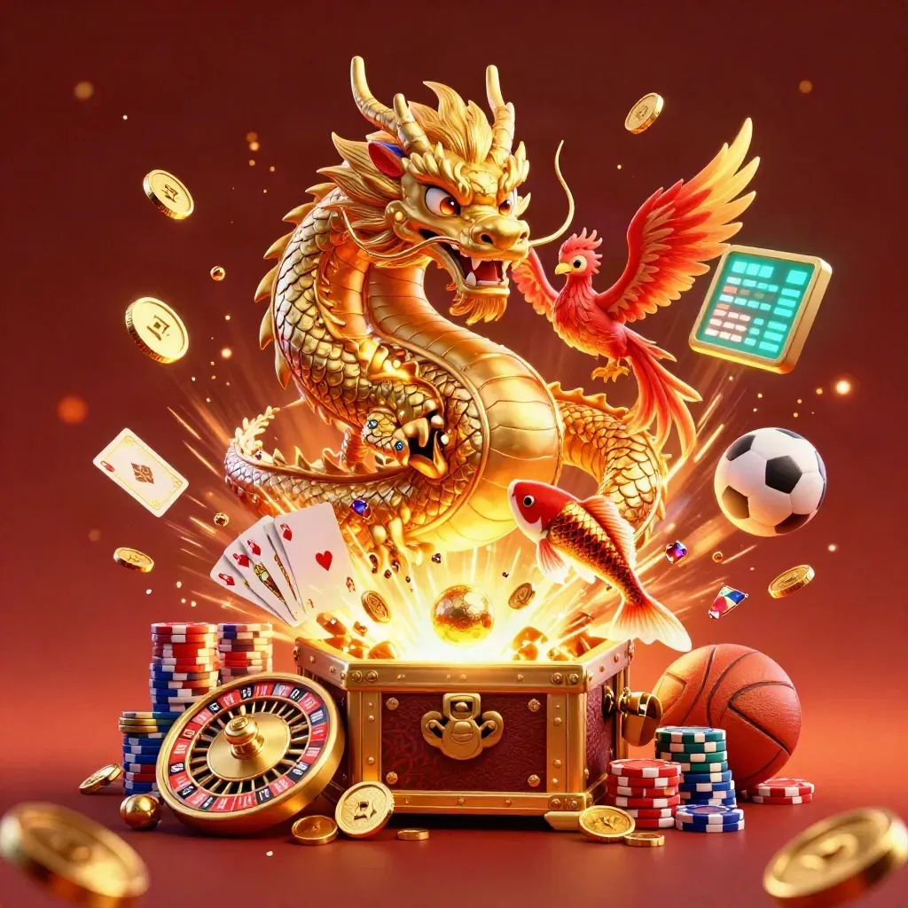 Golden dragon and phoenix bursting from a treasure chest with coins, chips, cards, and sports bets