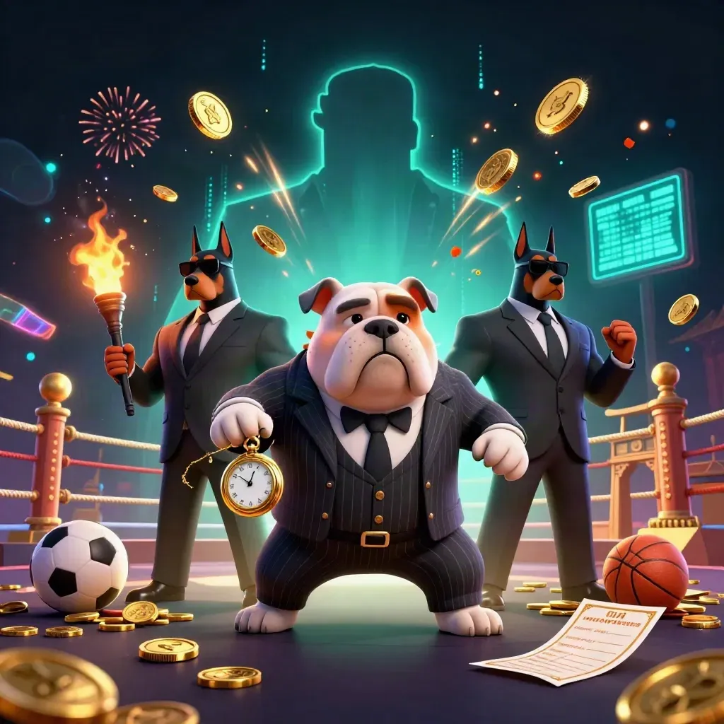 Bulldog boss and Doberman guards burst from a gold vault amid coins, sparks, and casino neon.