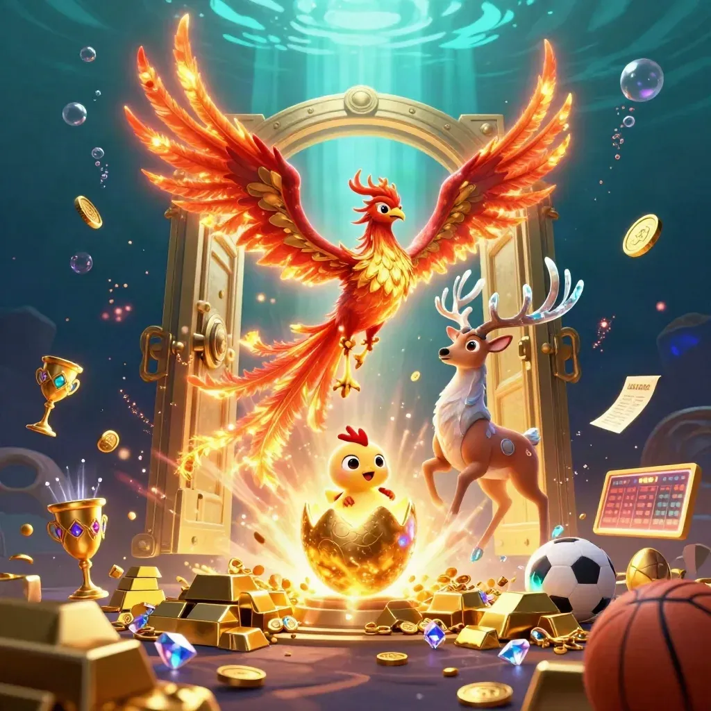 Phoenix, hatchling, and crystal stag burst from a golden vault amid coins, gems, and sports props.