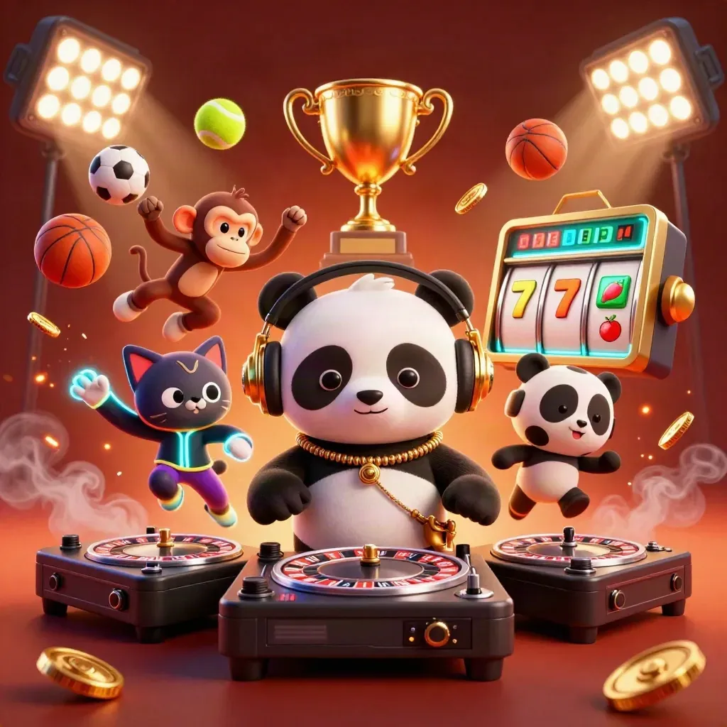 DJ panda, dancing monkey and glow-stick kitten amid roulette wheels, balls, coins and ember glow.
