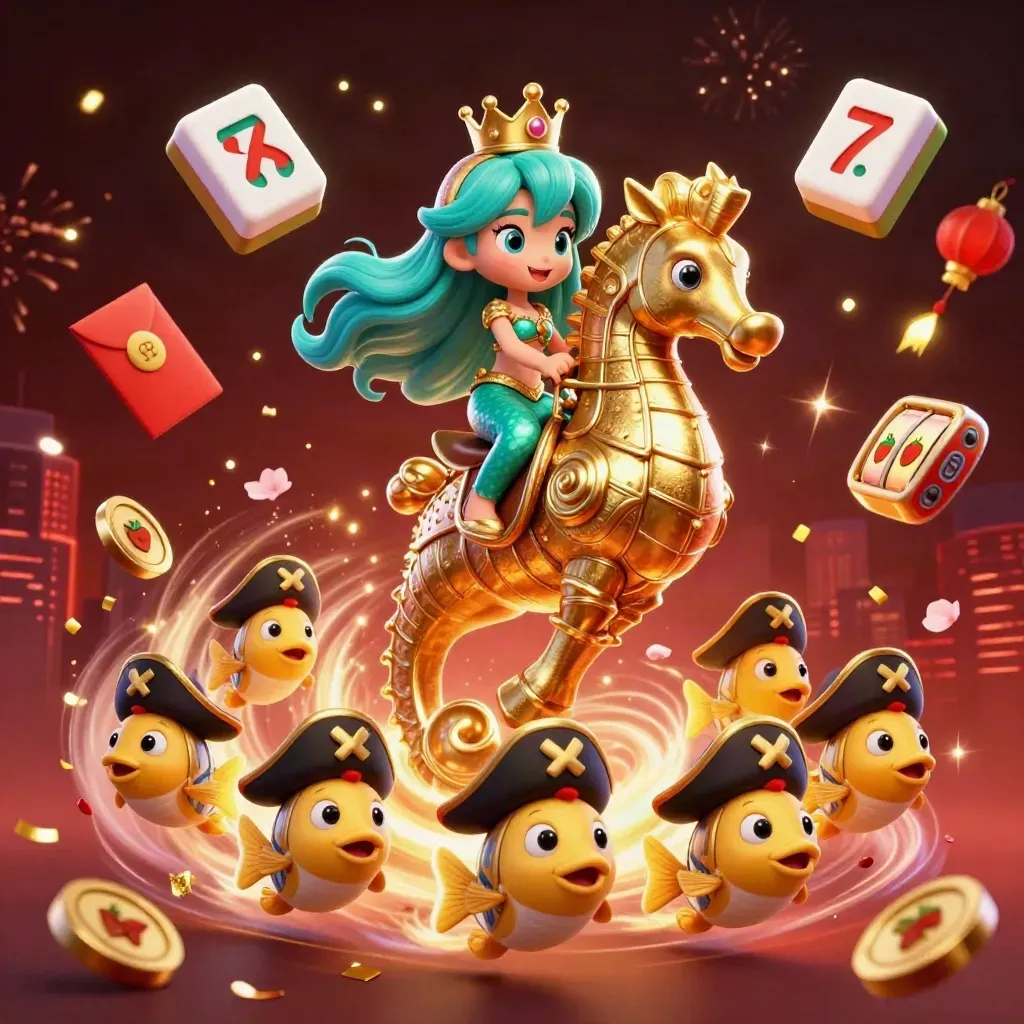 Mermaid princess on a gold seahorse amid pirate fish, lanterns, coins, fireworks, and slot symbols.