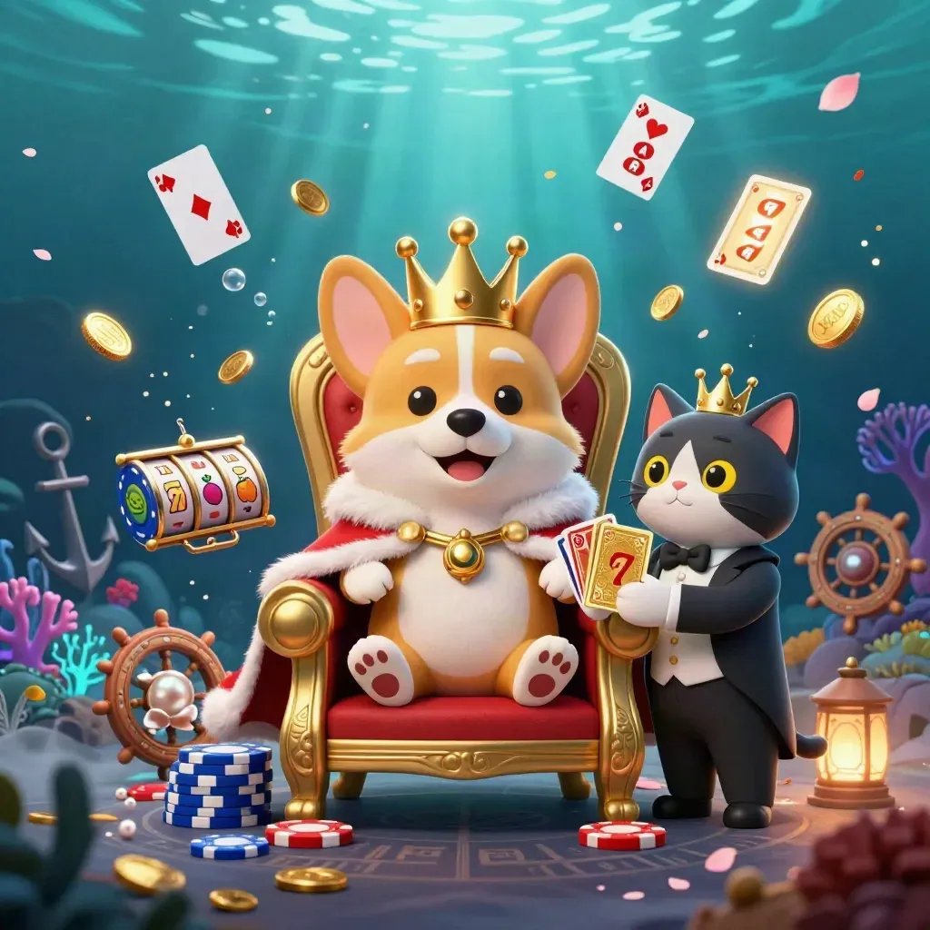 Royal corgi and cat butler amid casino treasure underwater, glowing with gold and cyan.