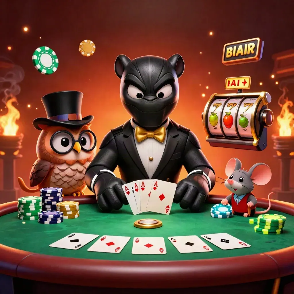 Panther, owl and mouse play cards amid chips, reels and ember-lit casino glow.