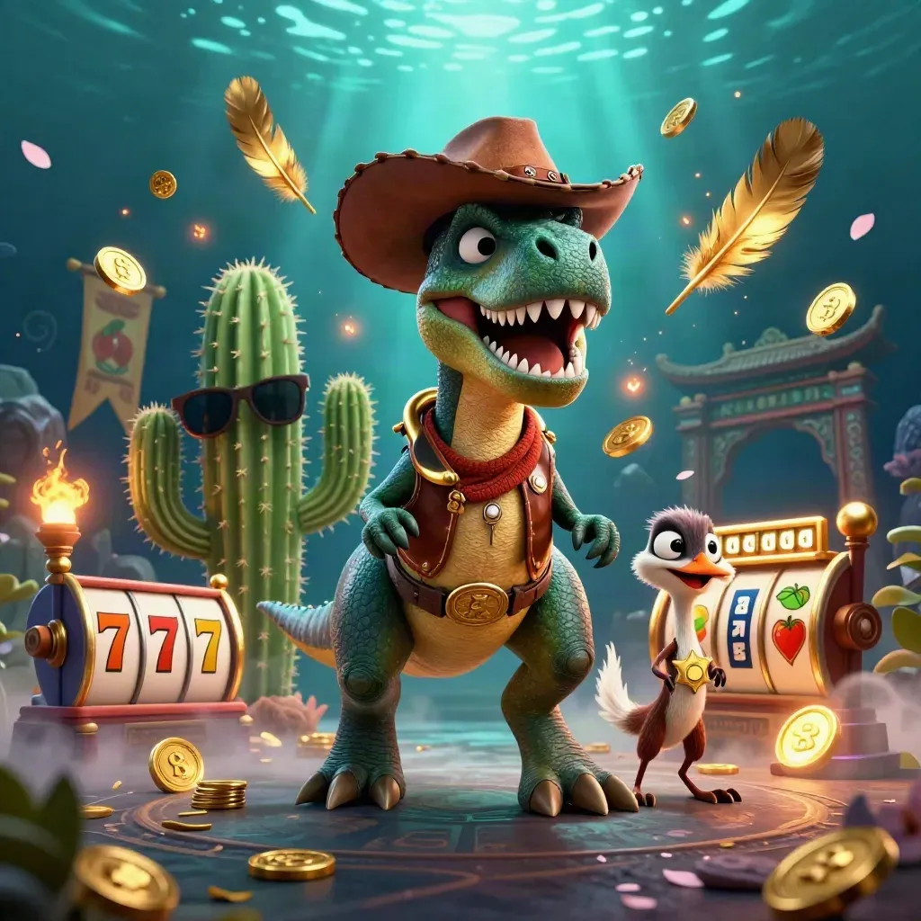 Cowboy T-Rex, cactus sidekick, and roadrunner amid casino relics and glowing reels.