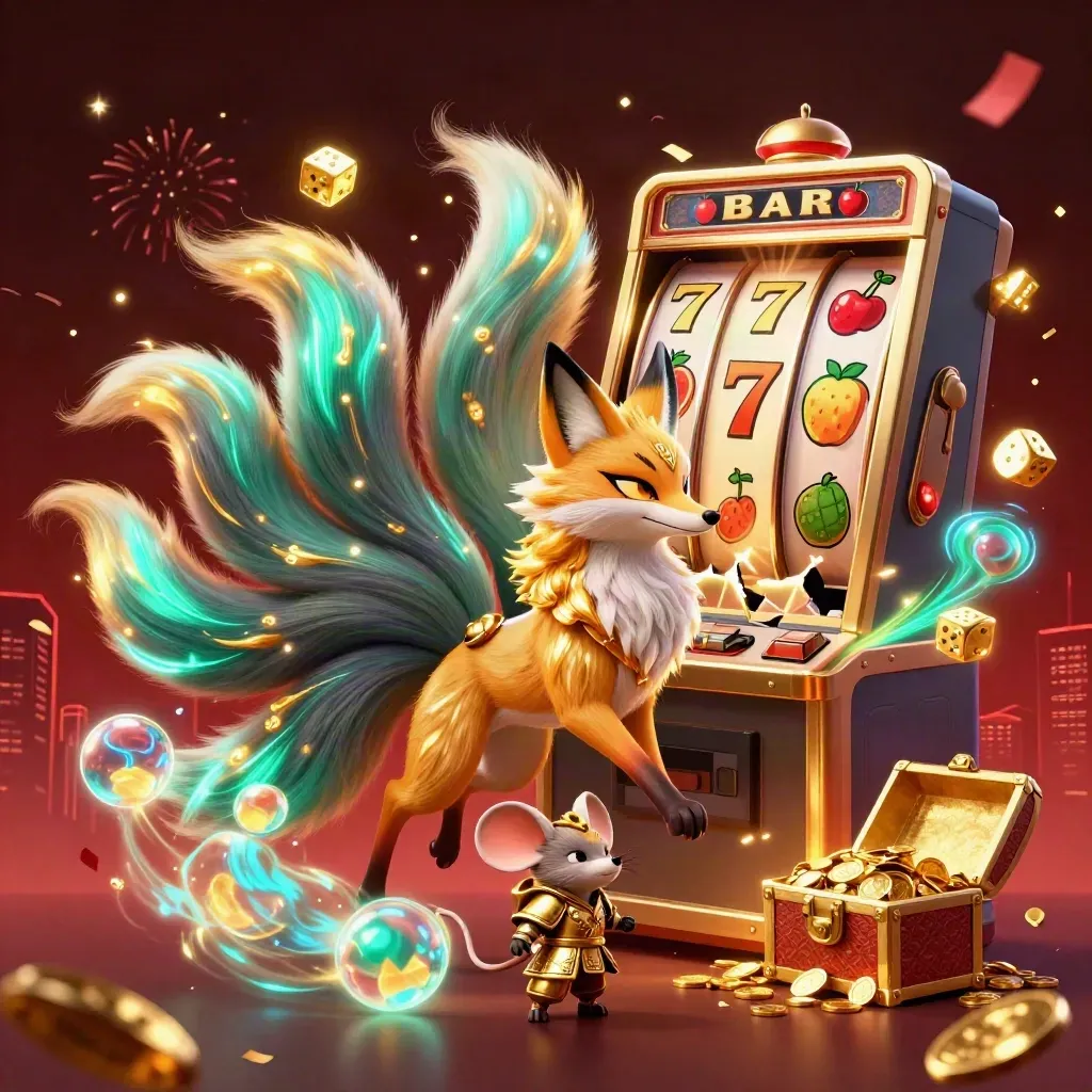 Nine-tailed fox spirit, armored mouse, jackpot slot burst, gold coins, glowing reels, dark luxe casino scene.