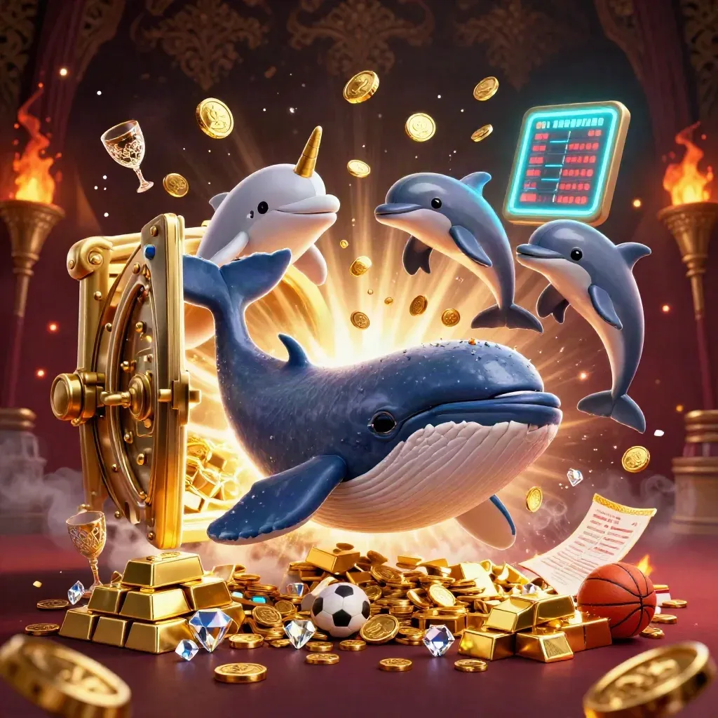 Whale captain, narwhal, and dolphins burst through coins beside a glowing vault door in neon casino luxe.
