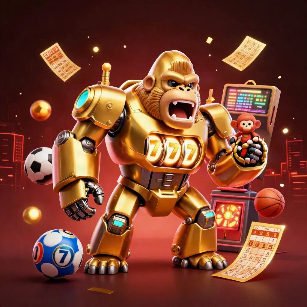 Golden gorilla mech with monkey pilot, casino symbols, reels, balls, and neon casino lighting