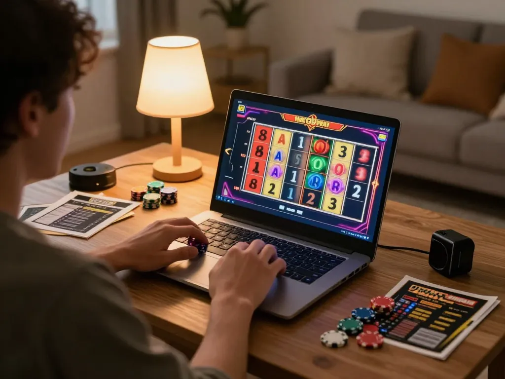 Engaged player at home using MesinGG for online slots, showcasing exciting gameplay with vibrant reels