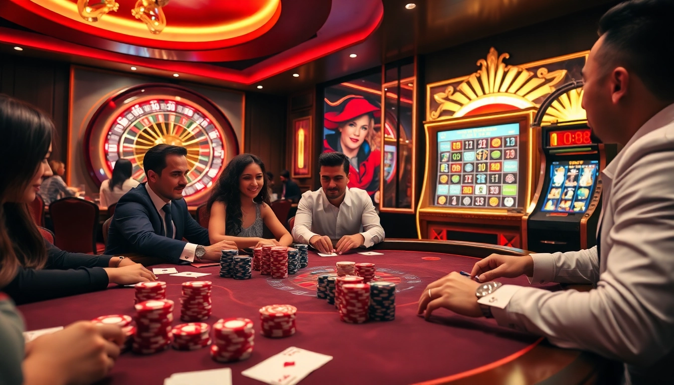 Exciting poker game scene at tg88 casino, showing diverse players and vibrant chips in play.