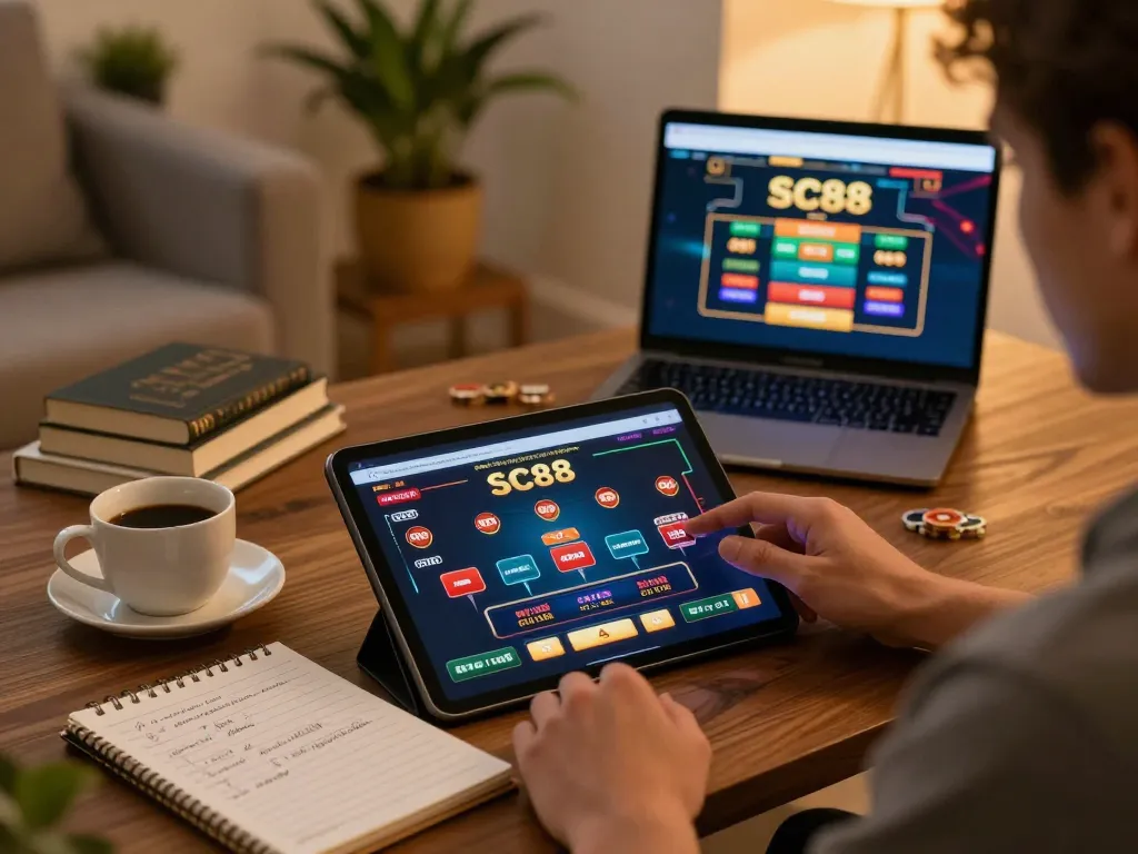 Experience online gaming strategies at https://sc88.games/ with an engaging tablet setup in a cozy environment.