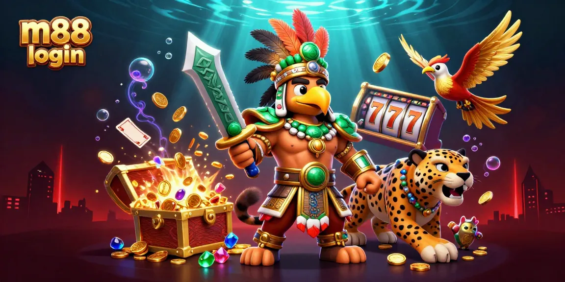 Place bets like a pro with M88 login in this vibrant 3D casino scene featuring an Aztec warrior and rich gaming elements.