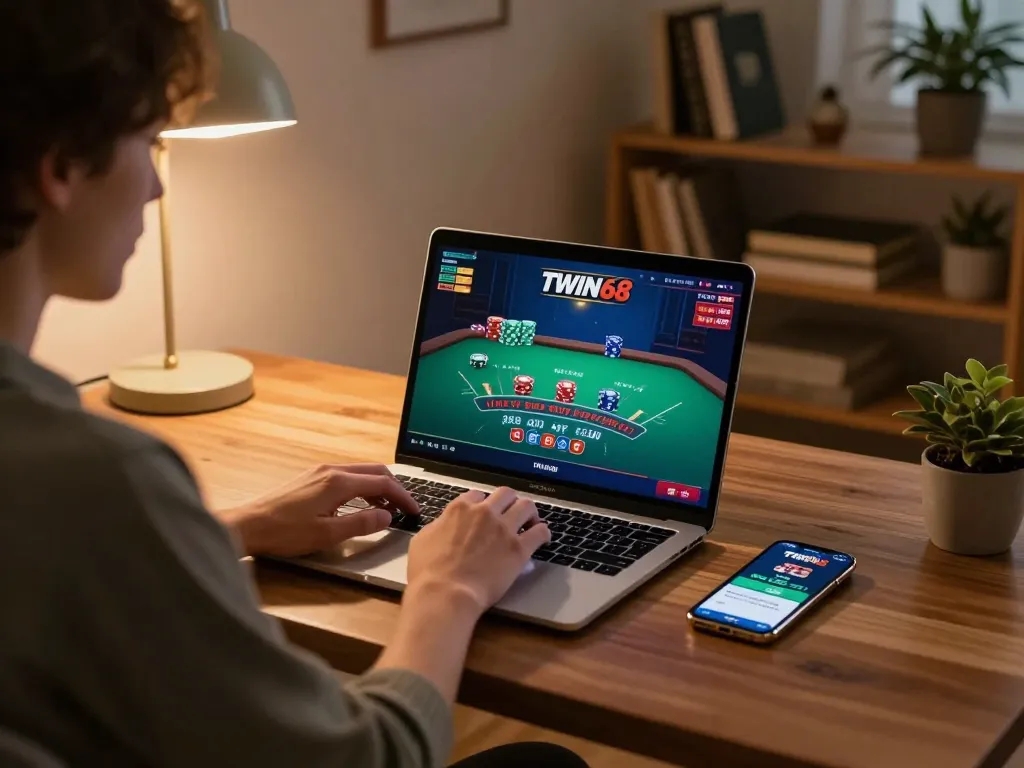 TWIN68 player engaging in online blackjack on a laptop at home, showcasing a cozy and strategic gaming experience.