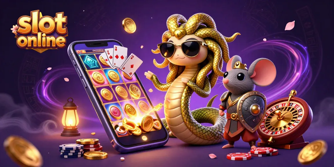 Experience thrilling slot online action with a friendly Greek Medusa and warrior mouse in a vibrant casino scene.