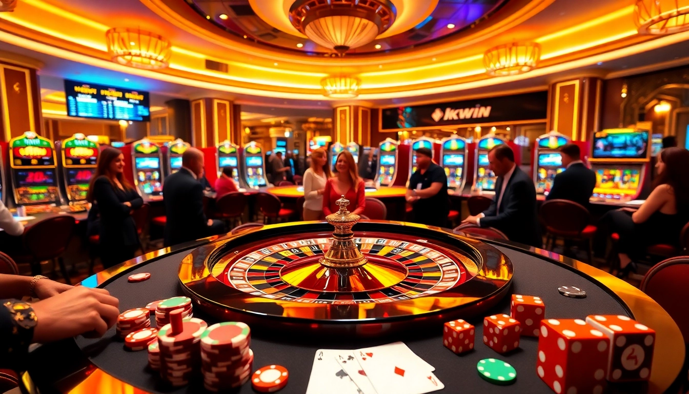 Kkwin players enjoying a thrilling casino atmosphere, featuring roulette, poker, and modern slot machines.