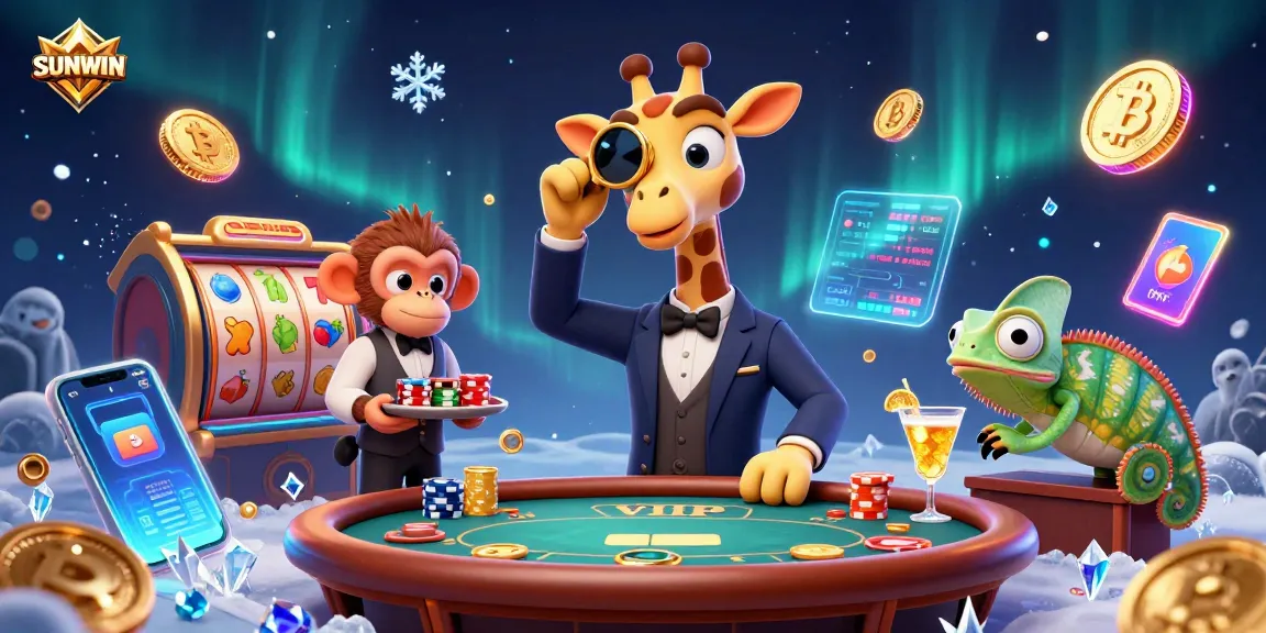 SUNWIN highlights thrilling slot experiences with a lively giraffe dealer amidst vibrant gambling elements.