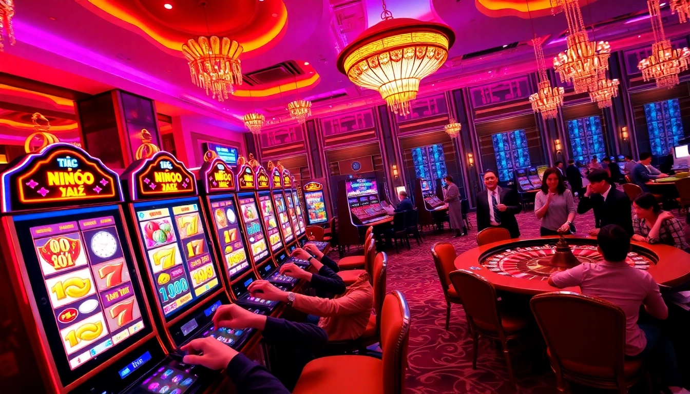 Experience the thrill of Nổ Hũ Đổi Thưởng with vibrant slot machines and engaged players in a luxurious casino setting.