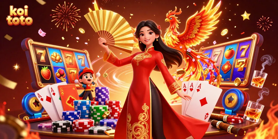 Engage with koi toto in this vibrant casino scene featuring a woman in traditional attire alongside a phoenix.