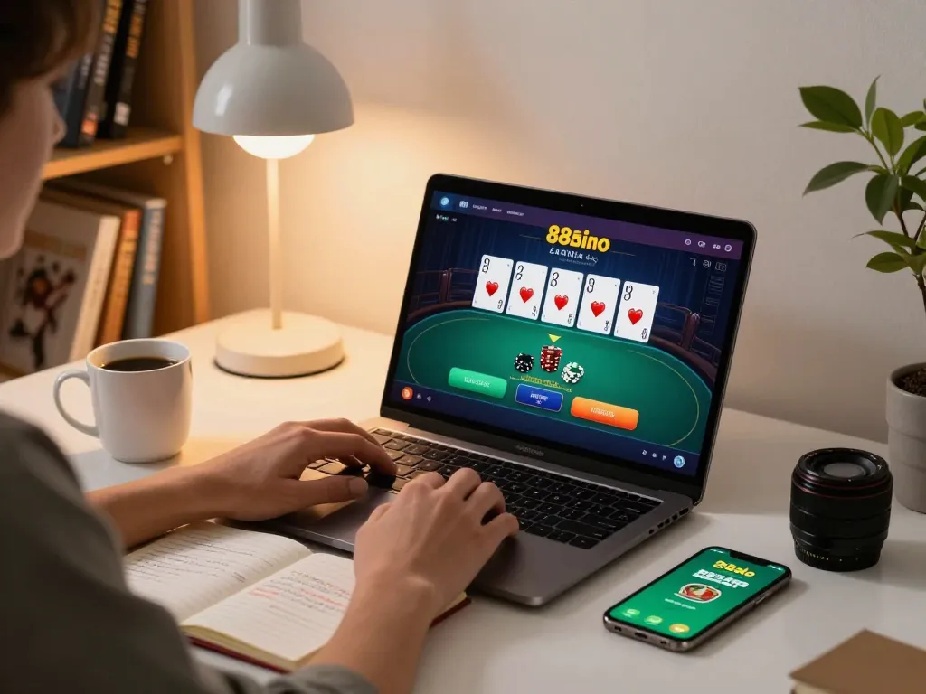 The 88aa online gambling scene shows a user engaging with their casino app and strategies in a cozy home office.