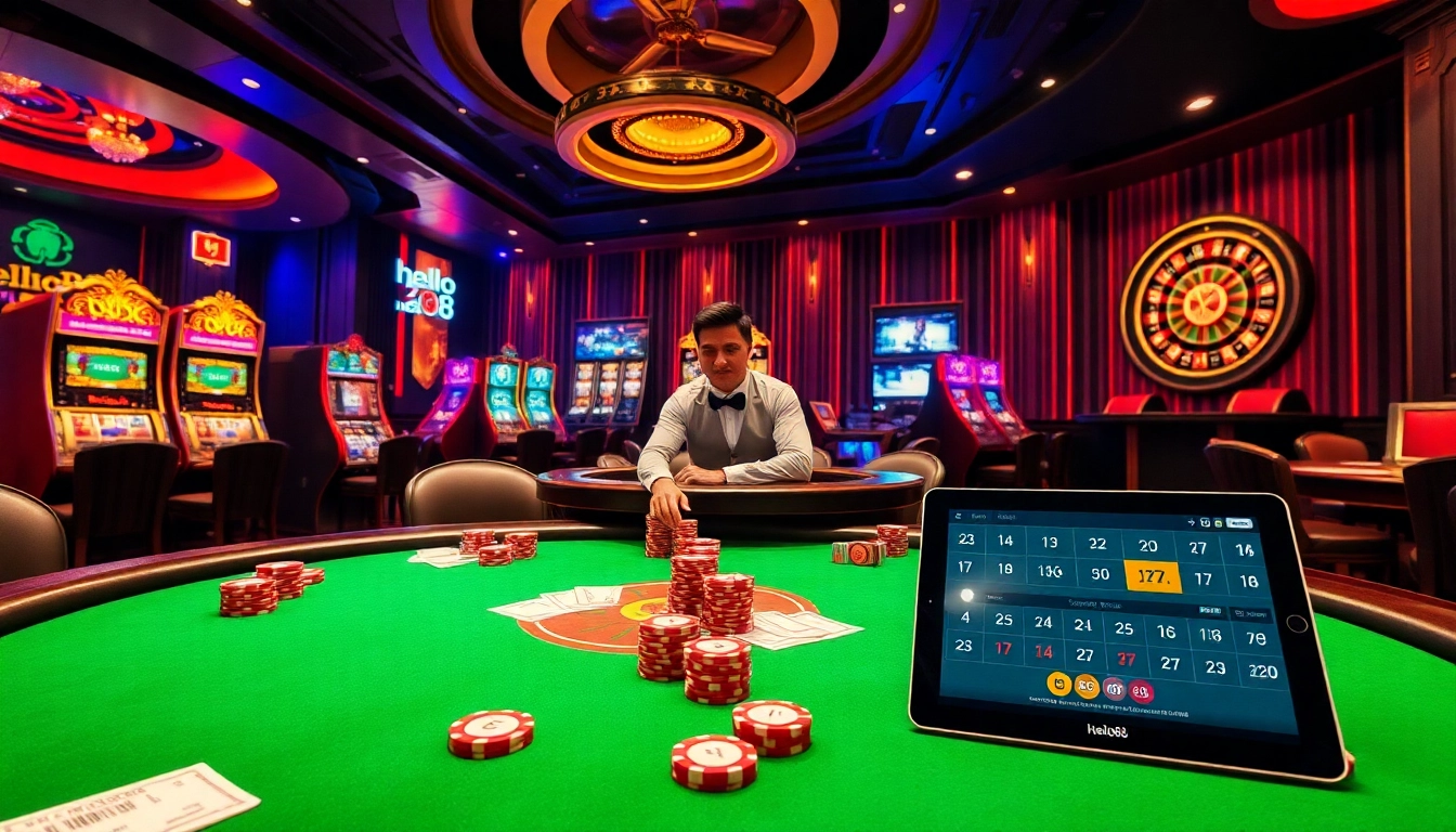 Exciting gaming action at hello88 casino with vibrant poker tables and slot machines.