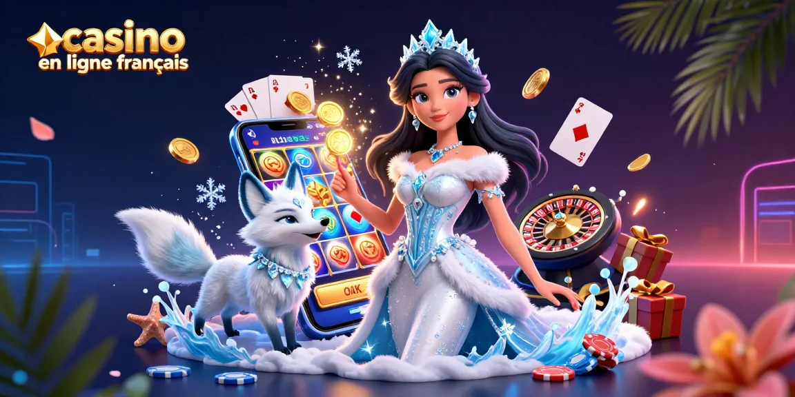 Vivez le frisson du casino en ligne français avec une illustration magnifique mettant en scène une reine des glaces glamour, des machines à sous et des éléments de casino vibrants.