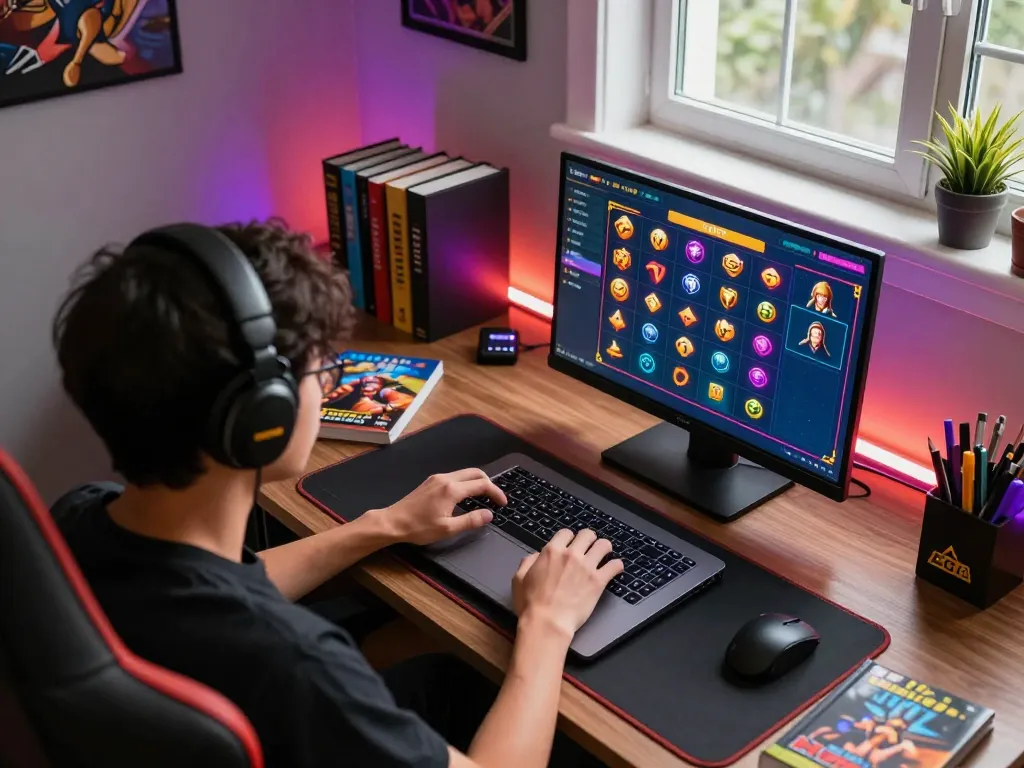 Engaging in luck88 games on a laptop in a vibrant home gaming setup, showcasing a stylish atmosphere