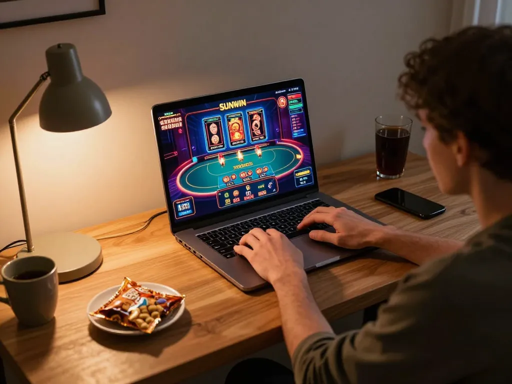 SUNWIN online gaming session showcasing a player engaging with poker and slot games, highlighting strategy and fun.
