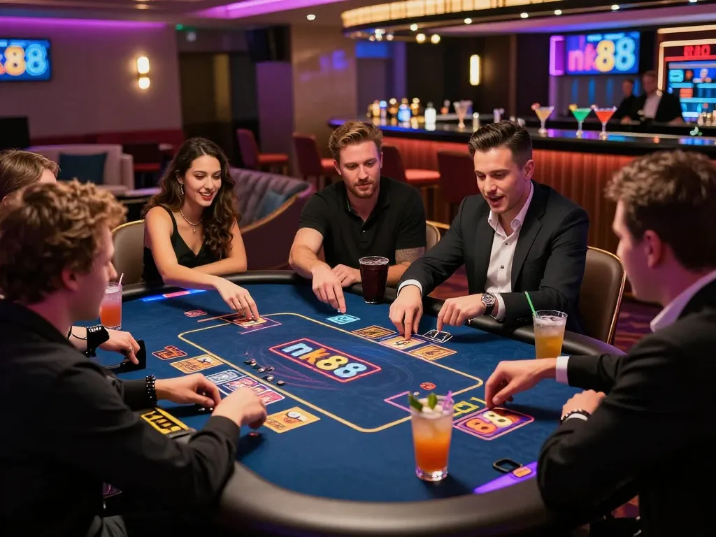 Group playing nk88 card game at a vibrant casino lounge, showcasing excitement and camaraderie.