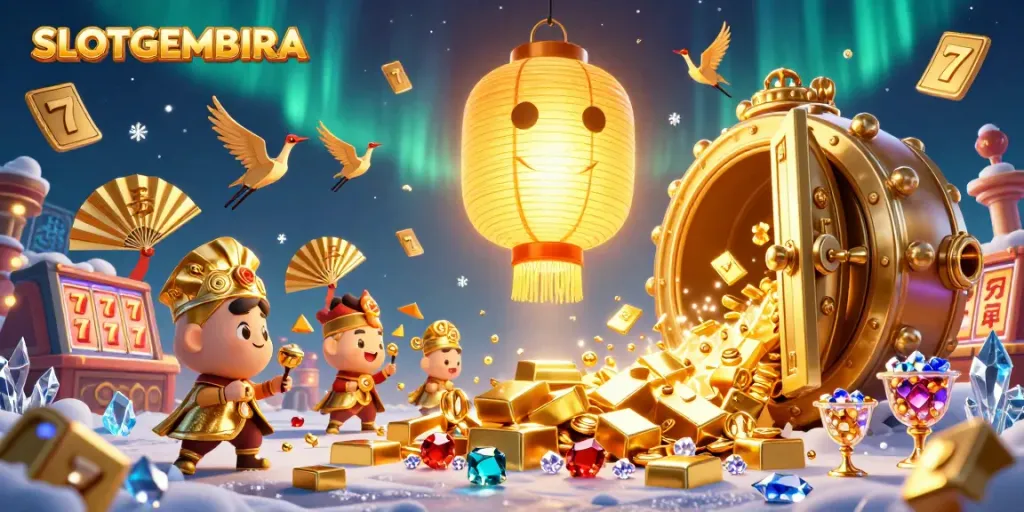 Experience the vibrant casino vibes of SLOTGEMBIRA with glowing lantern spirits and golden treasures.