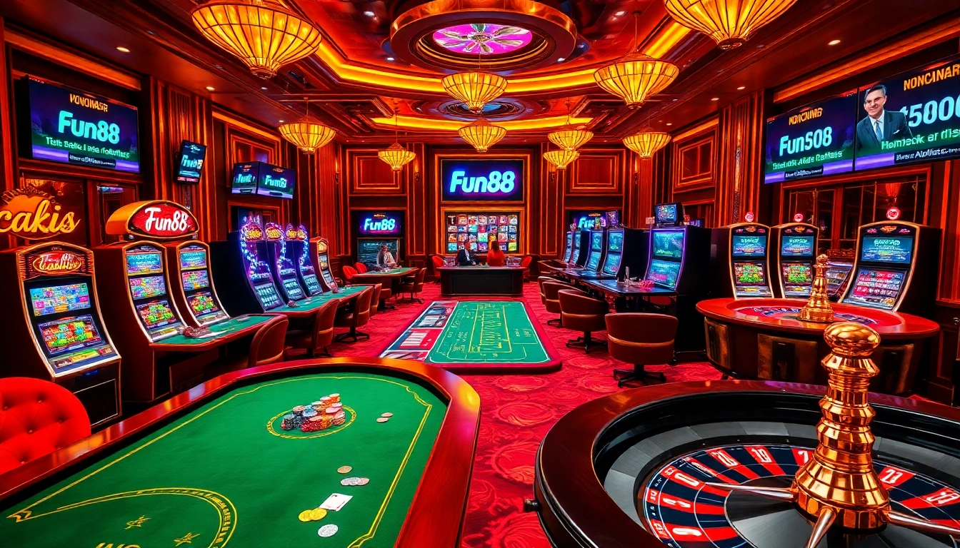 Players enjoying an exciting Fun88 casino experience filled with vibrant games and luxury.