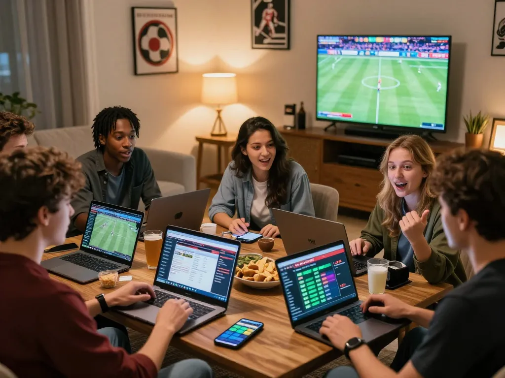 Friends enjoying zbet sports betting on laptops and smartphones in a cozy living room.