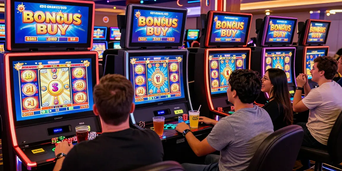 Players enjoying bonus buy slots at a vibrant online casino gaming table, with colorful screens displaying exciting game features.