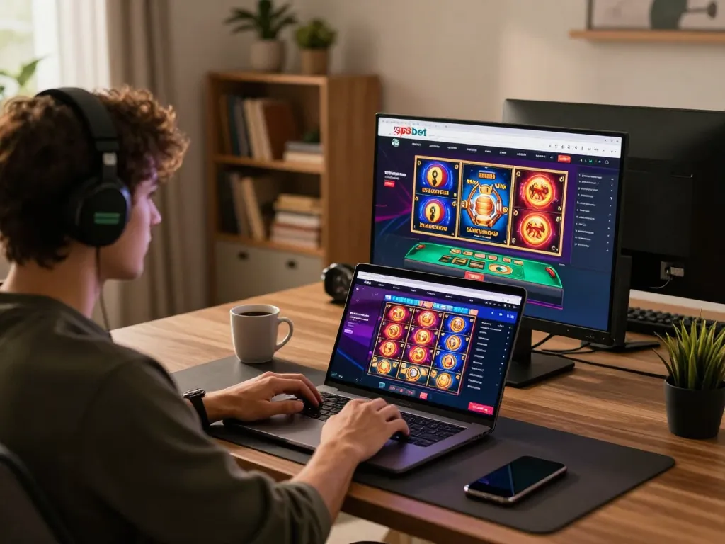 Gamer engaging with sp8bet's online casino on laptop while enjoying a cozy atmosphere