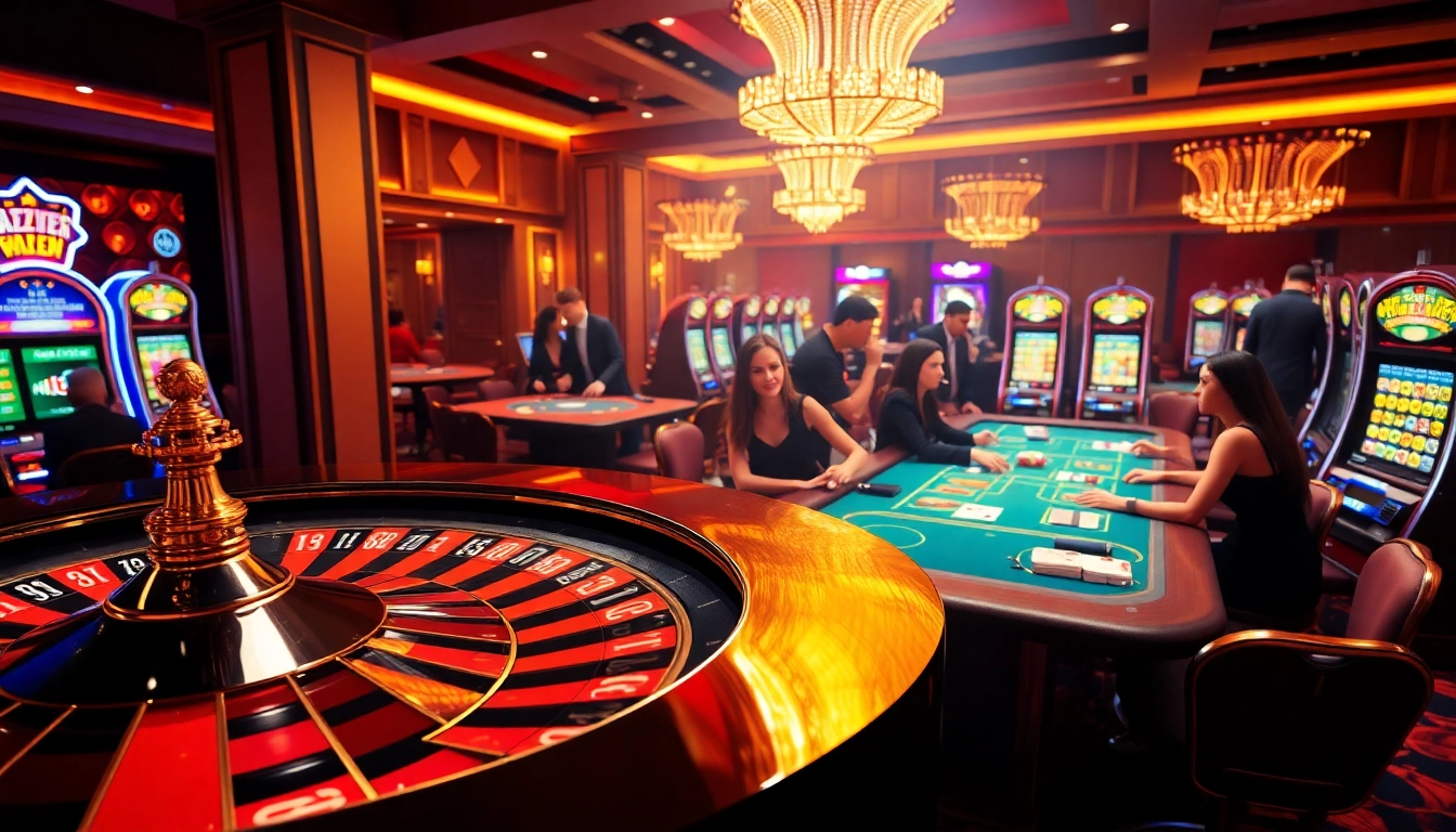 Lazadatoto players enjoying their winning experience at a casino with roulette wheel and poker tables.