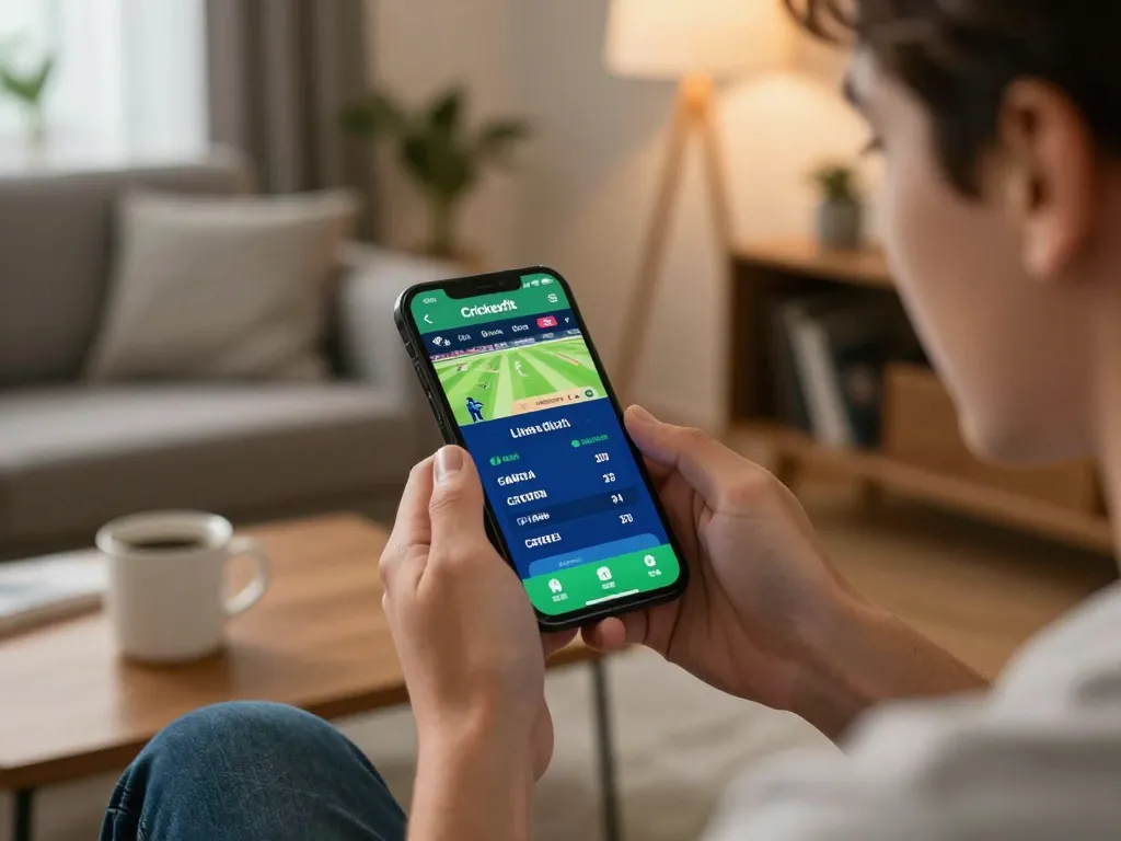 Crickexfit user engaging in live cricket betting via smartphone at home, showcasing strategic gameplay.