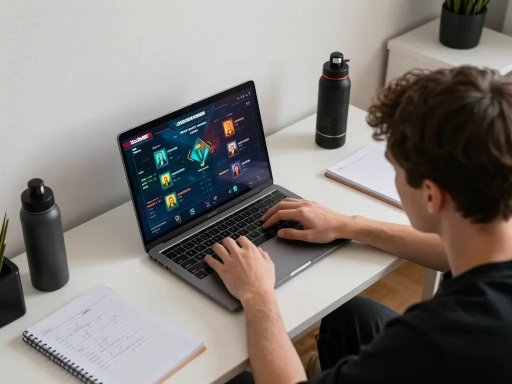 Xocdia88 player engaged in intense online gaming strategy session at modern workspace.