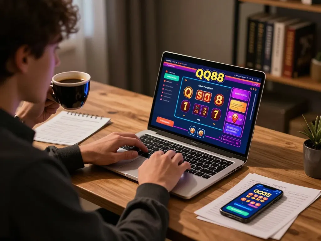 Player immersed in QQ88 online gaming experience on laptop, showcasing strategy notes and casino app.