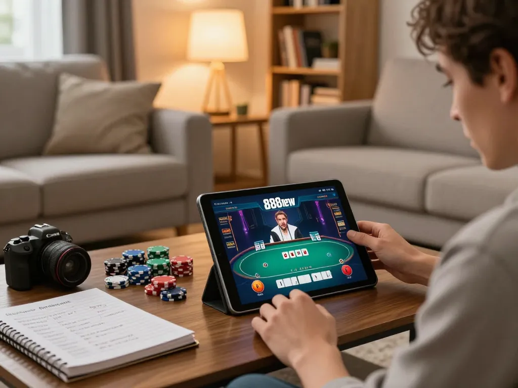 Engaging gameplay on the 888new app showcased in a cozy home setting, emphasizing strategic poker action.