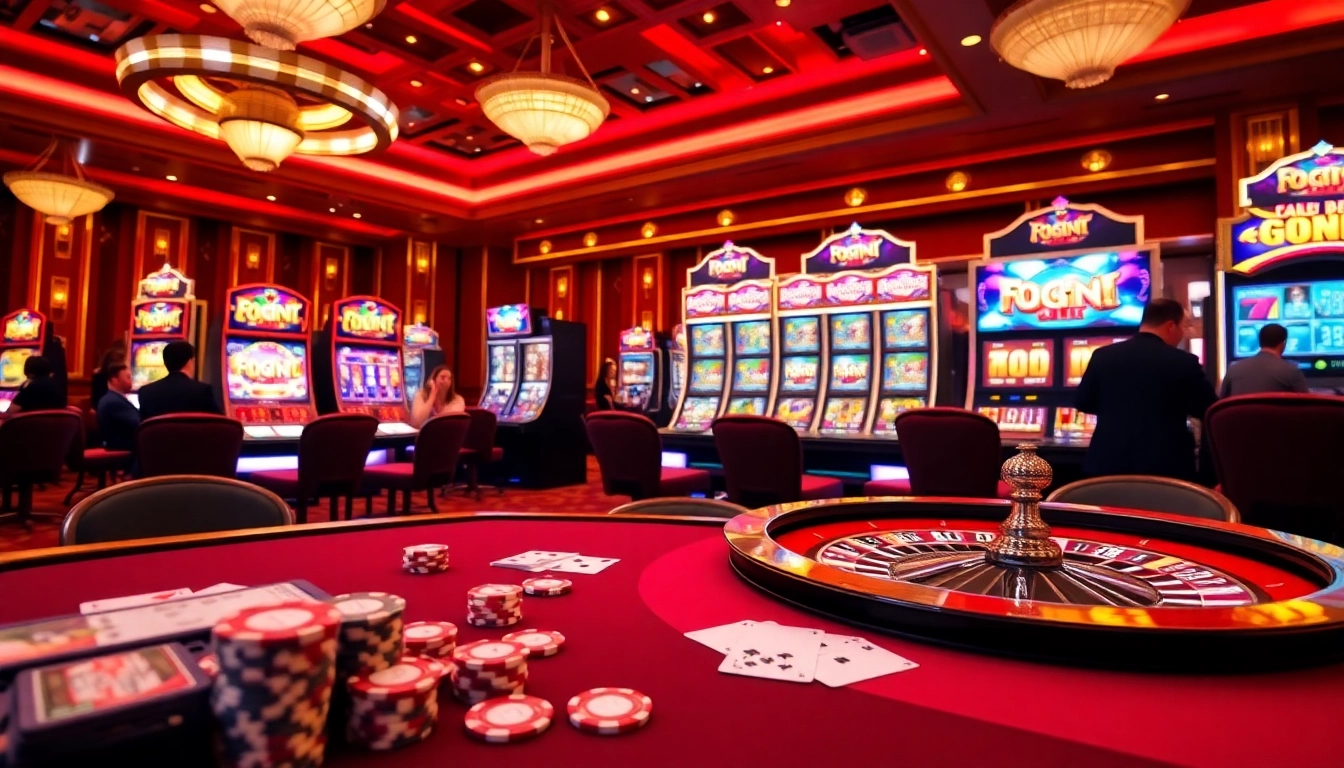 Excited players enjoying PG Slots at a luxurious casino with vibrant machines and colorful graphics.