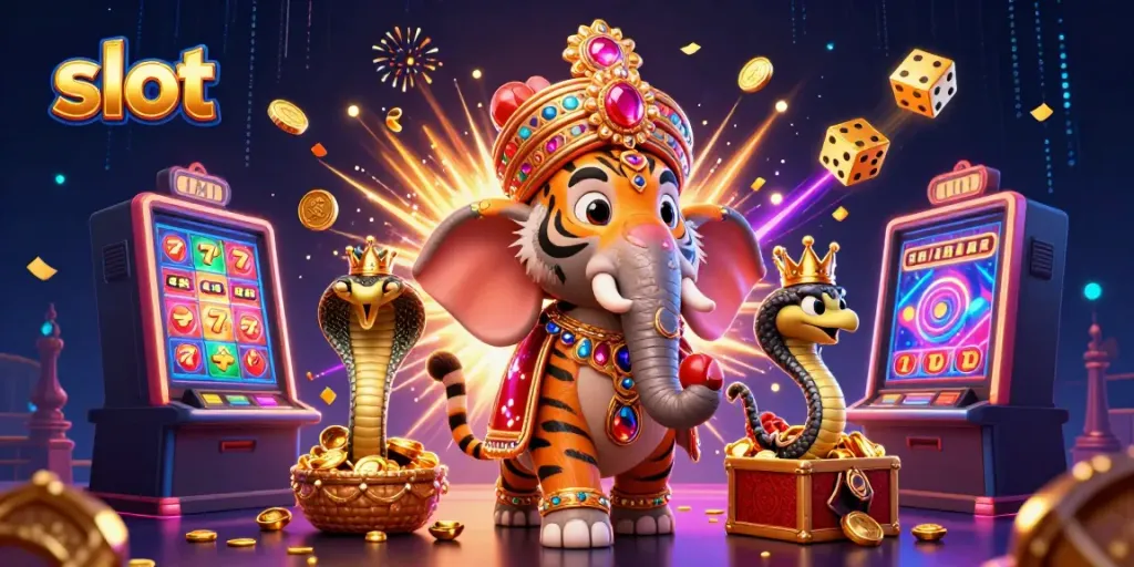Experience thrilling slot action with a maharaja tiger and jackpot explosion in this vibrant scene.