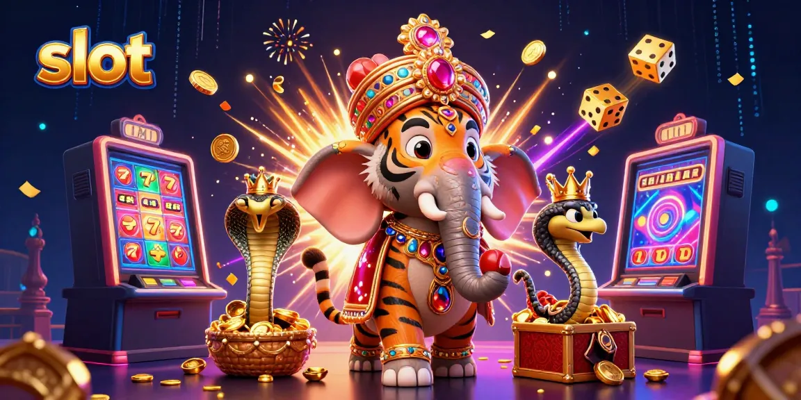 Experience thrilling slot action with a maharaja tiger and jackpot explosion in this vibrant scene.