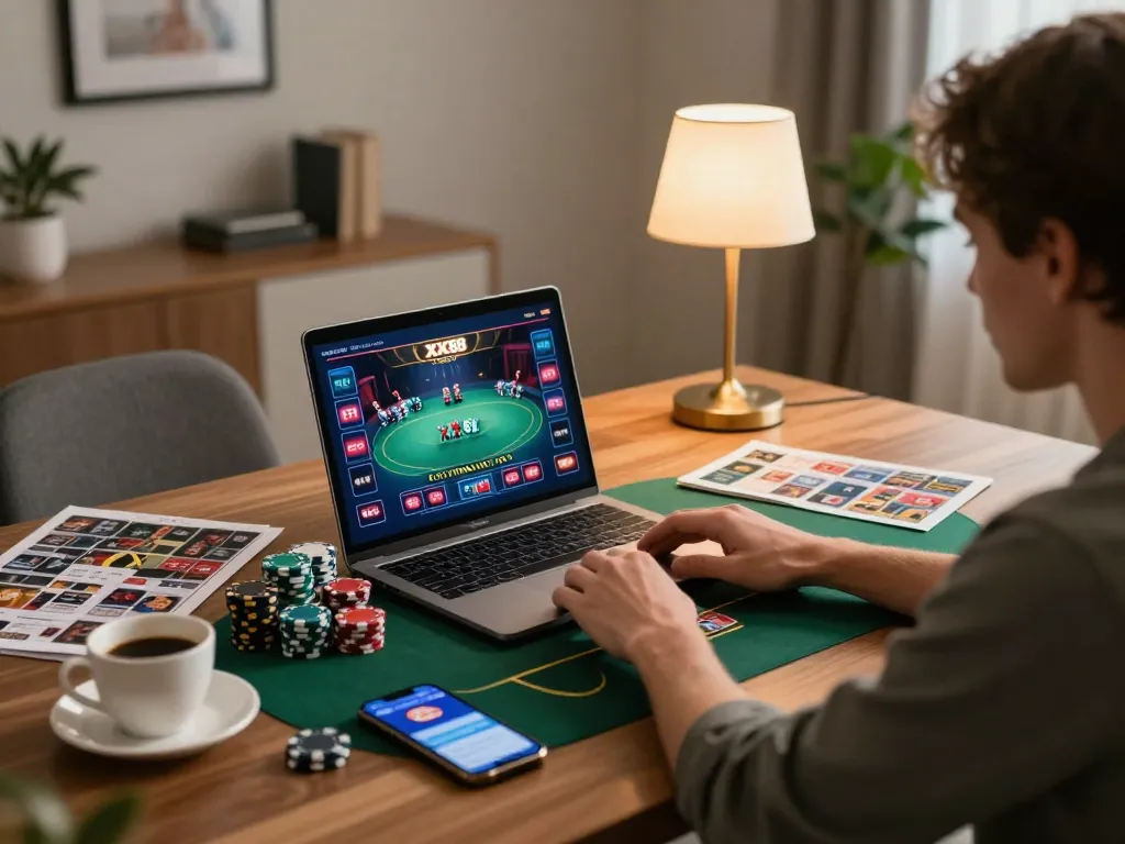 Engaging with poker gameplay on XX88's online casino from a cozy home office.