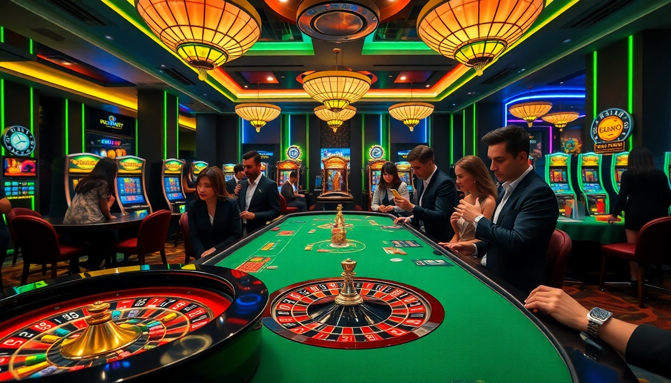 KJC players strategizing their bets at a vibrant casino table with poker chips and roulette wheel.