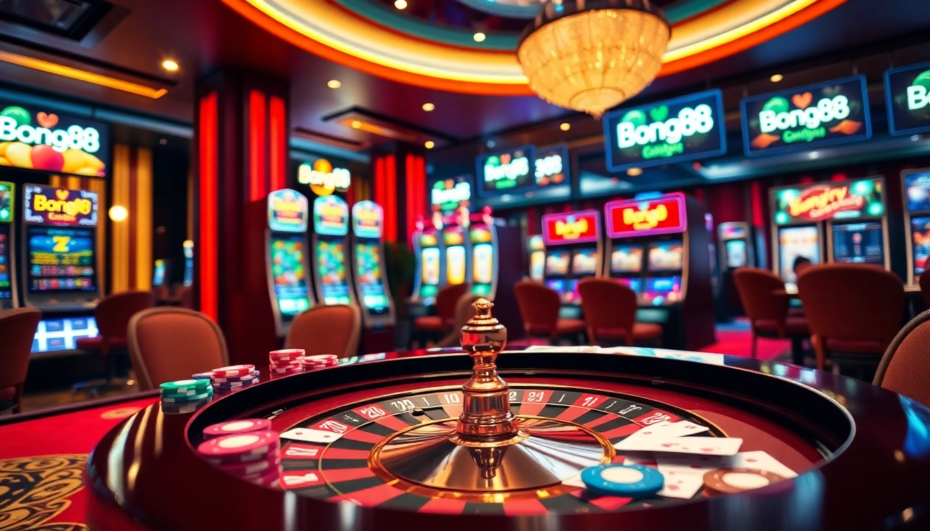 Bong88 casino gaming scene with vibrant tables, poker chips, and roulette wheel.