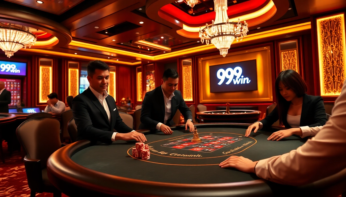 Exciting poker game action at a luxurious casino featuring the 99win logo prominently displayed.