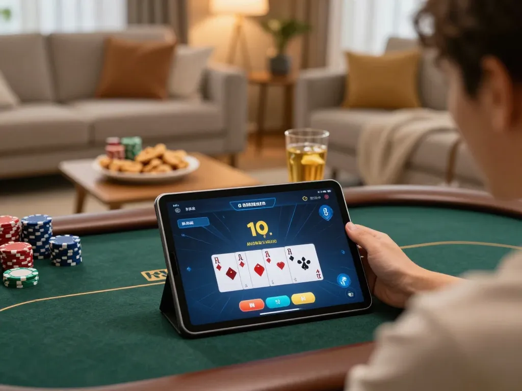 Engaging online poker game showcasing Alternatif Dewapoker on a tablet, set in a cozy home environment.