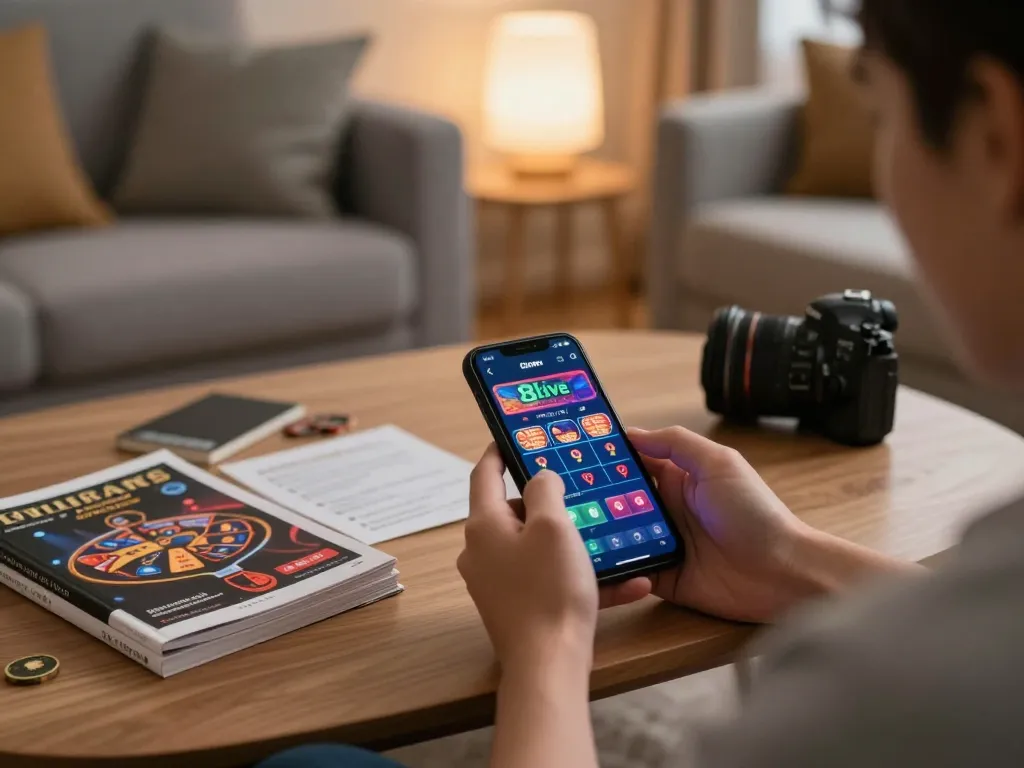 Engaging with the 8live app for a dynamic online gaming experience in a cozy home setup.