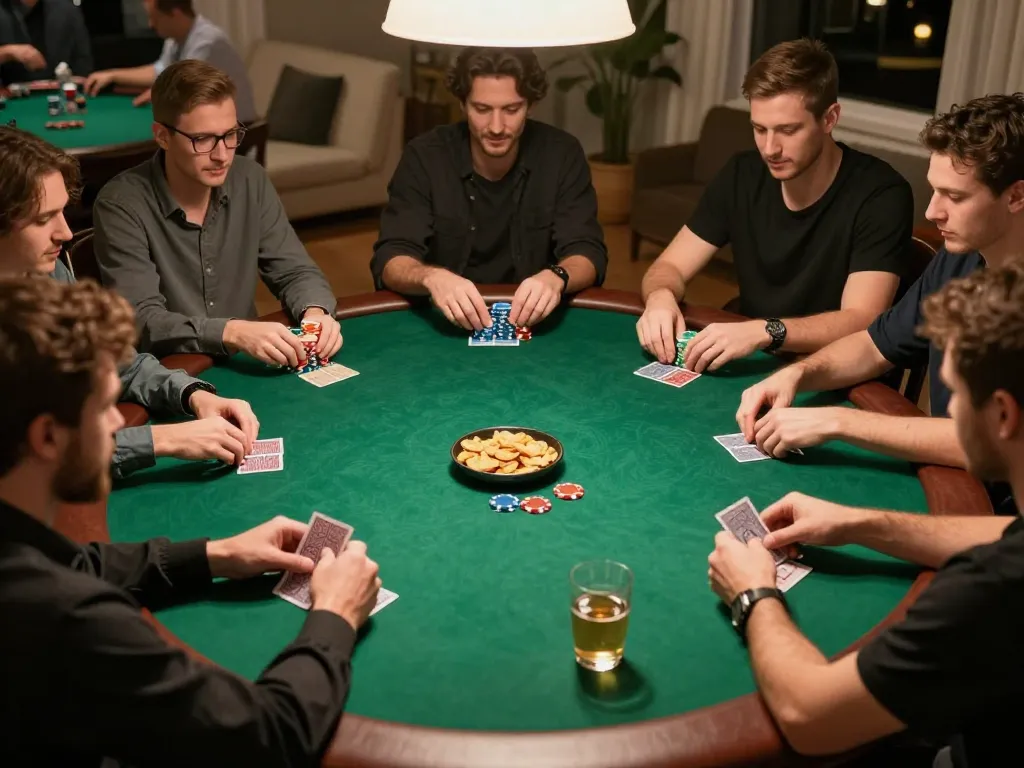 Pemain merencanakan strategi selama malam permainan poker di rumah, menampilkan aksi sl777 dengan chip dan kartu yang dipamerkan.