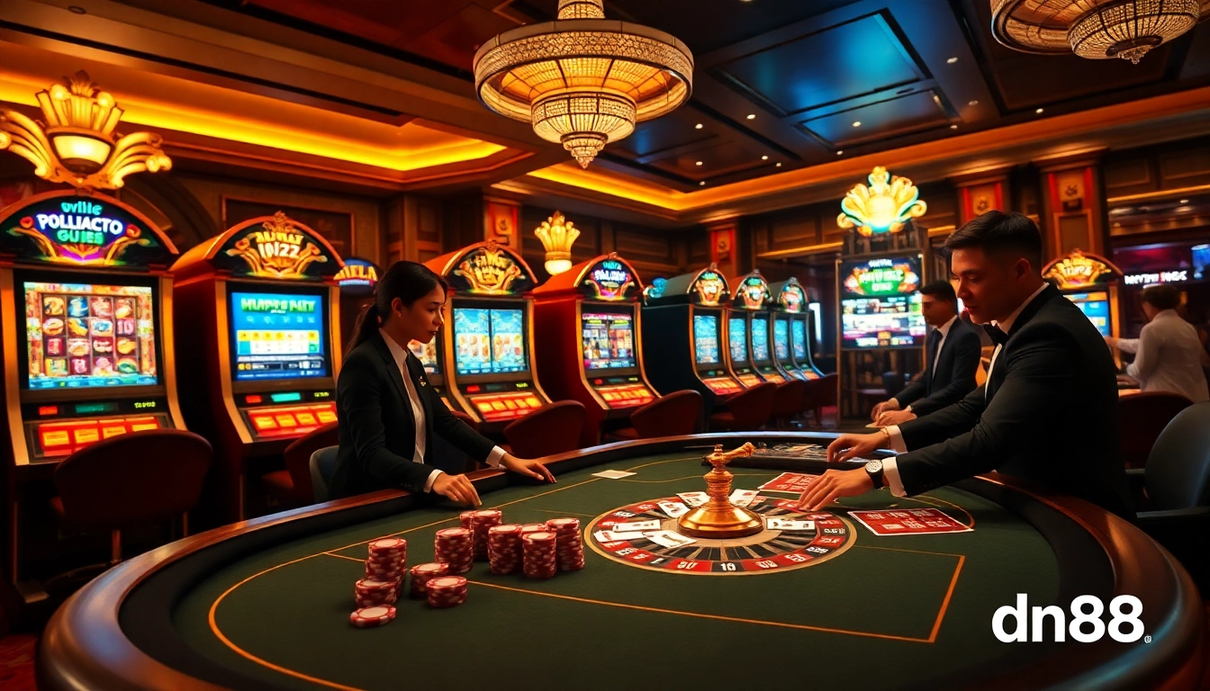 Engaging scene of casino excitement with dn88 branding, featuring poker, roulette, and slot machines.