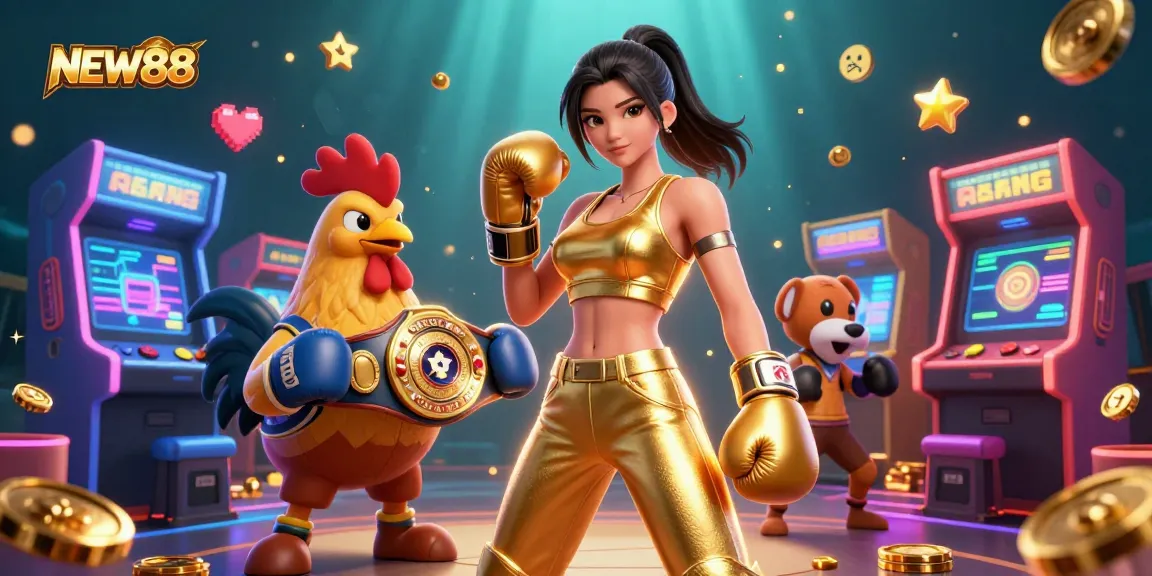 Experience the excitement of NEW88 with dynamic gaming visuals featuring a powerful woman and a championship rooster.
